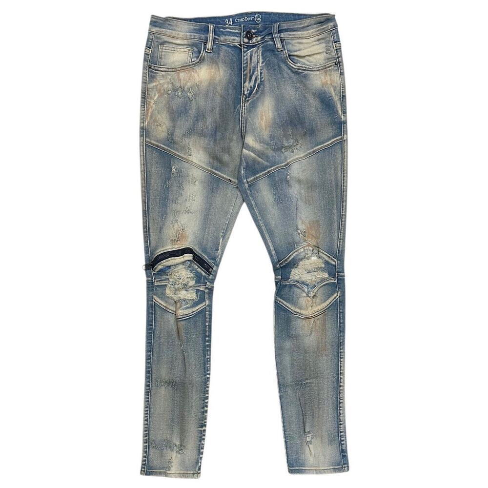 Crysp Denim Men's Biker Moto Distressed Rip & Repair Rust Skinny Fit Jeans